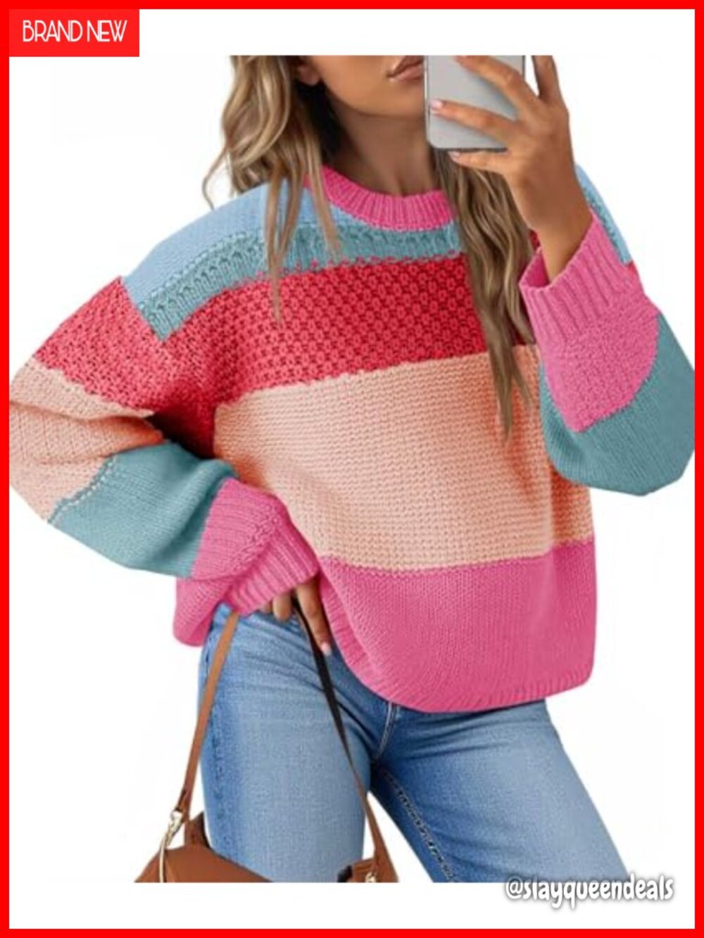 Women's Cropped Color Block Pullover Sweater Oversized Y2K Soft Knit Top Long